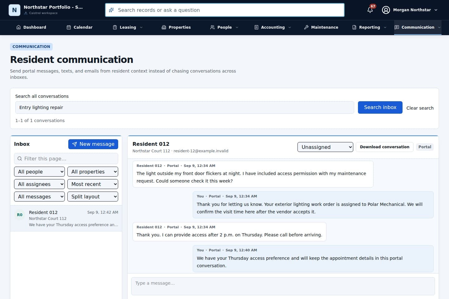 Caistrel communications workspace with a synthetic resident conversation and property details.