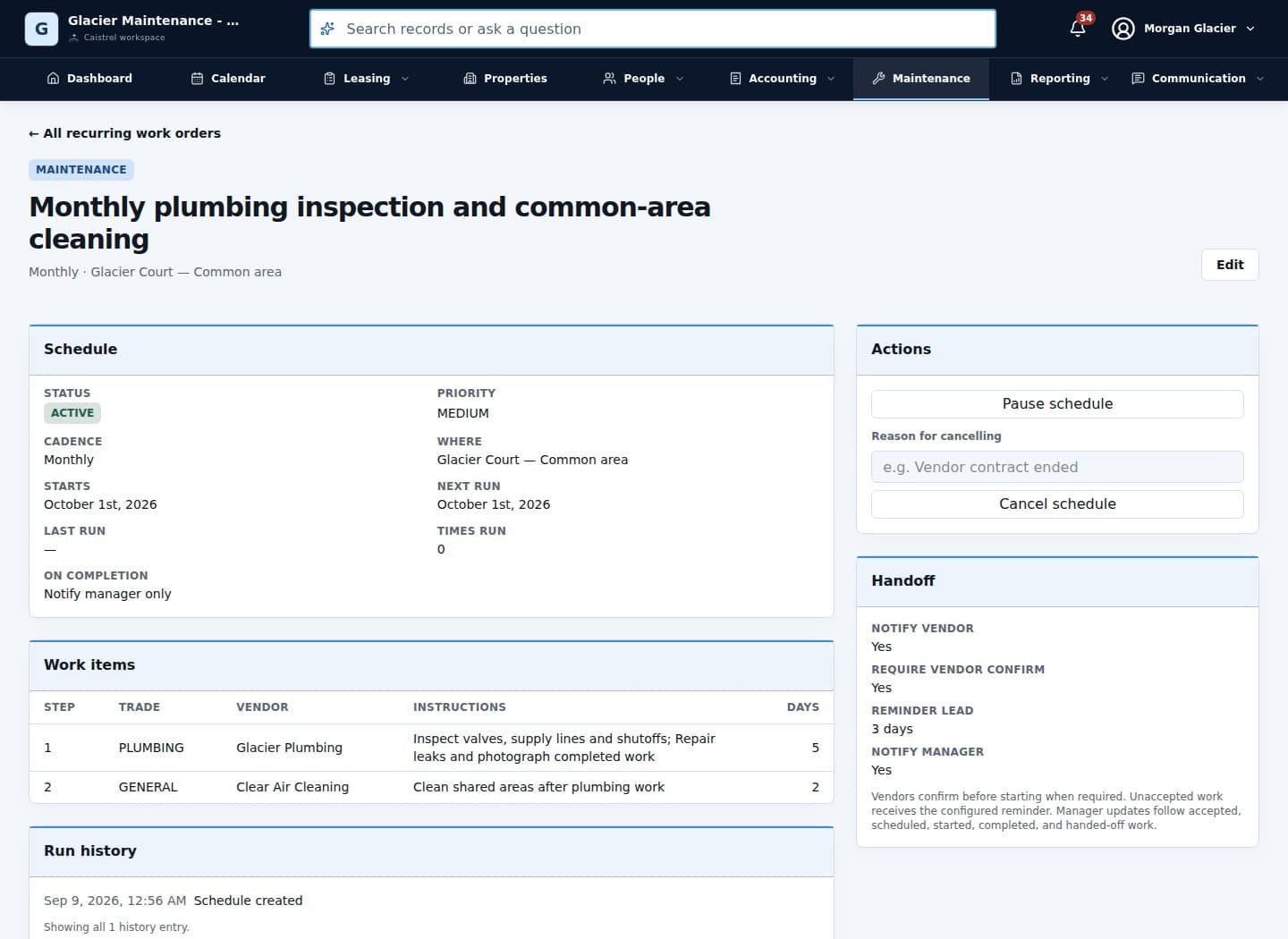A synthetic Caistrel portfolio showing a saved recurring maintenance schedule, vendor sequence, reminders, and handoff history.