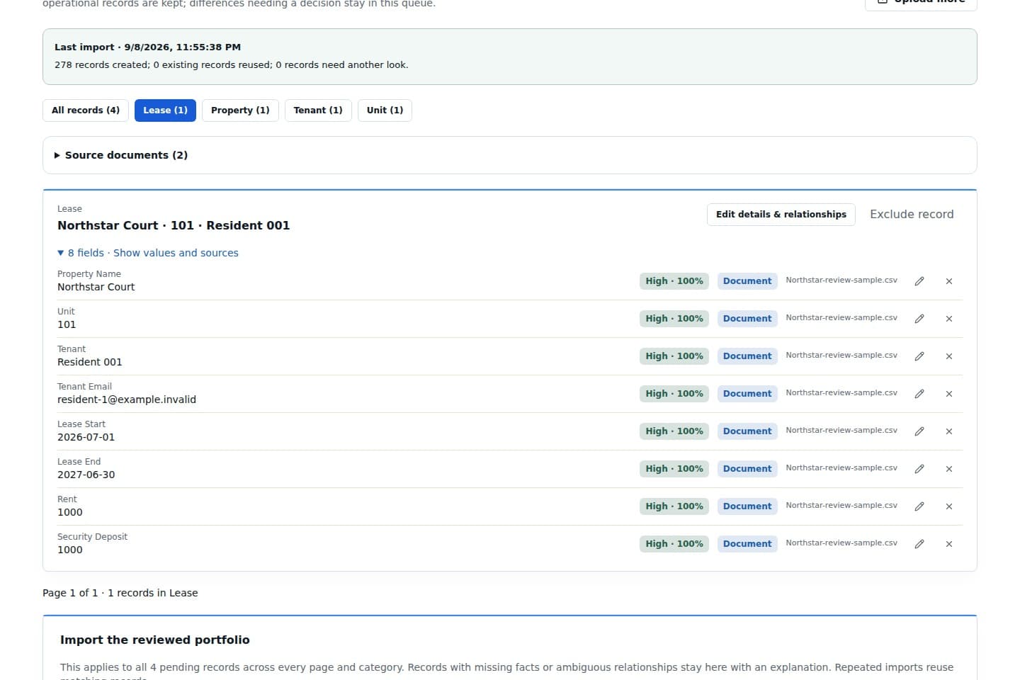 Caistrel onboarding review showing synthetic property, unit, tenant, and lease records for confirmation.